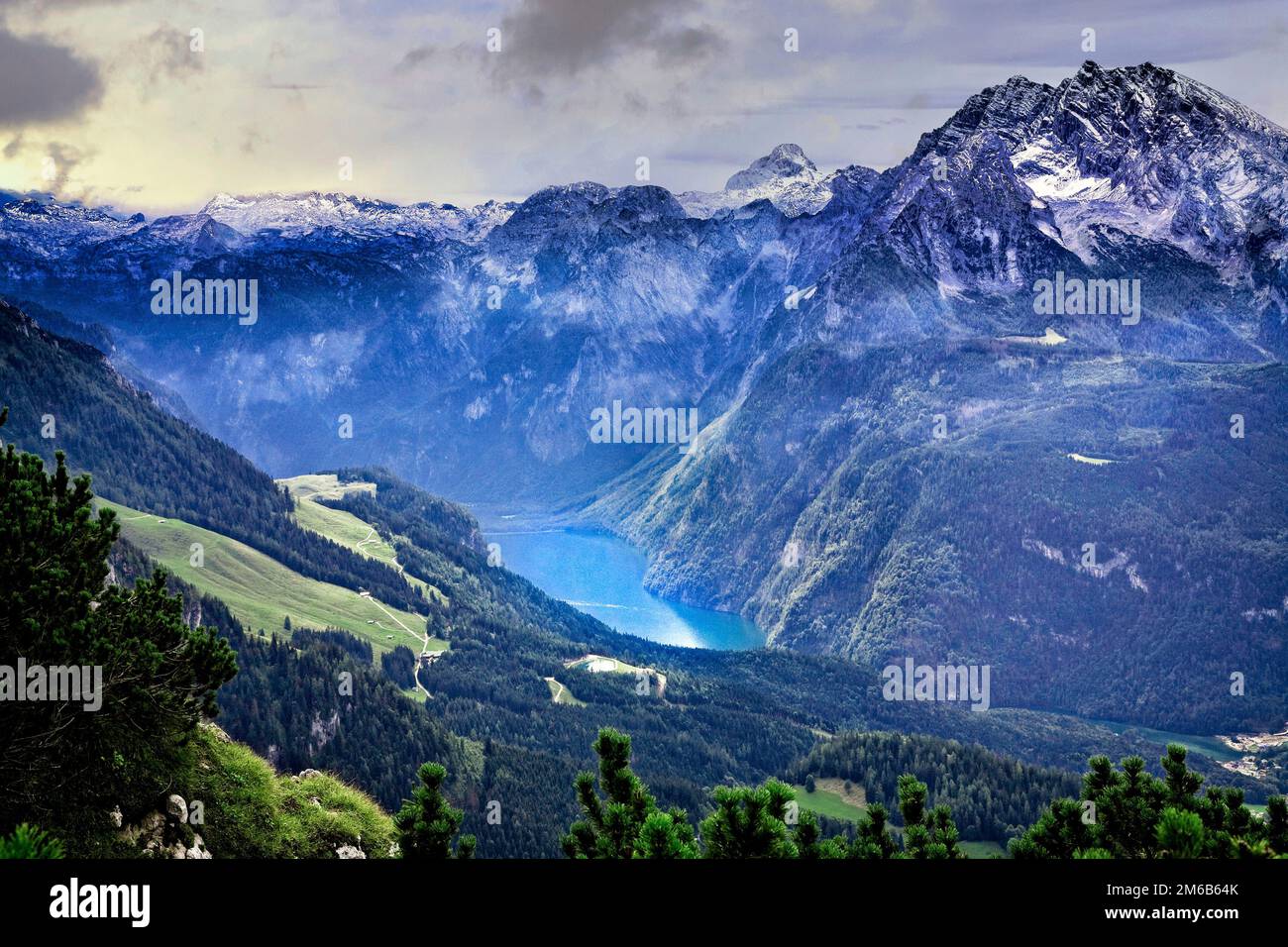 Konigsee is surrounded by the Bavarian Alps in Berchtesgaden, Germany. Stock Photo