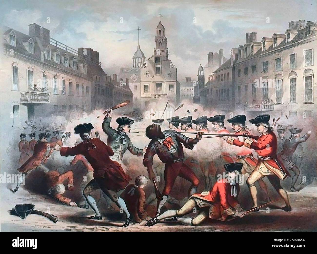 Crispus Attucks (c. 1723 -1770). Illustration of the Boston Massacre in 1770, showing the killing of Crispus Attucks, from a painting by William L. Champney, lithograph by J. H. Bufford (lithographer), 1856 Stock Photo