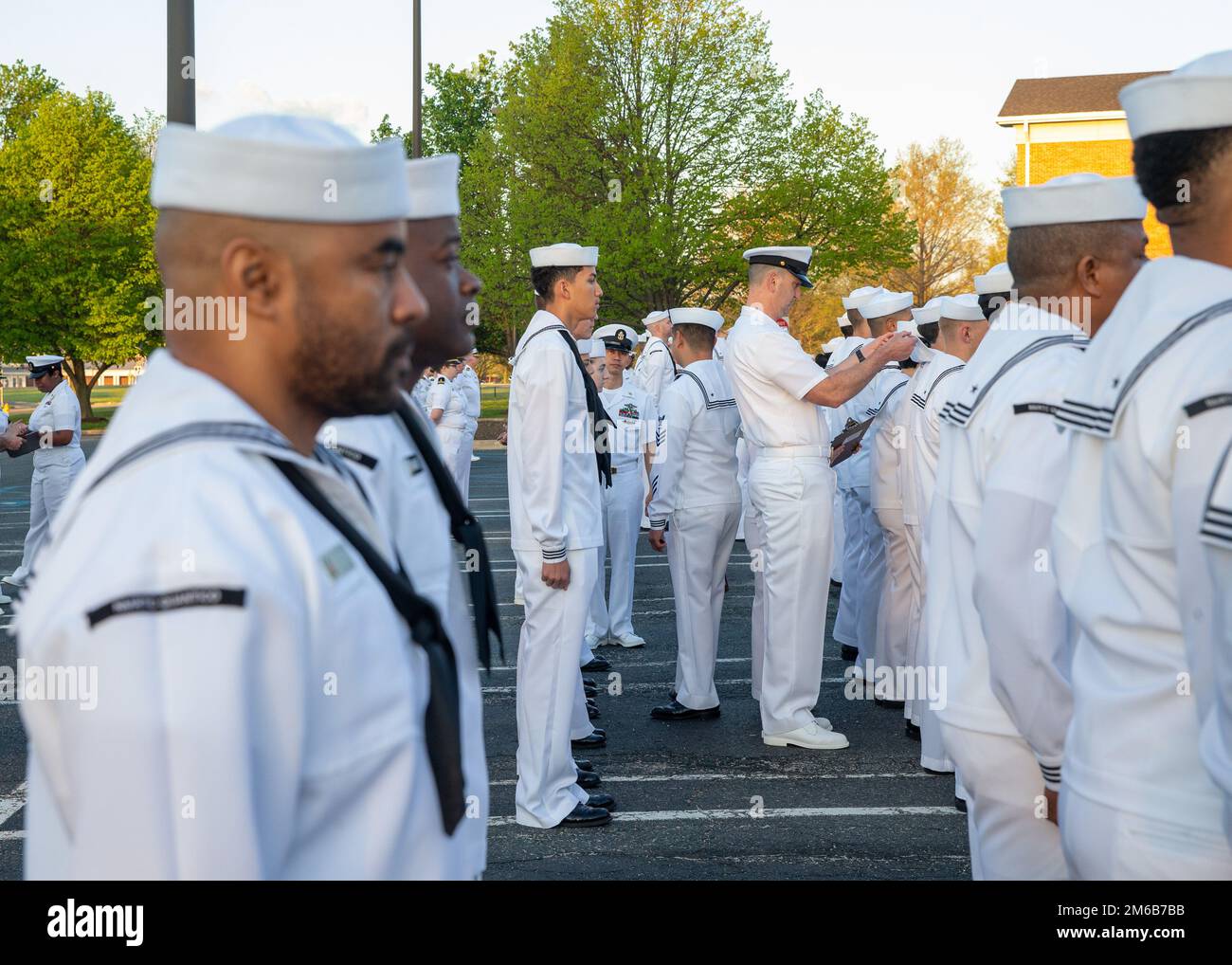 U.S. Navy Sailors take part in a uniform inspection at Naval Health
