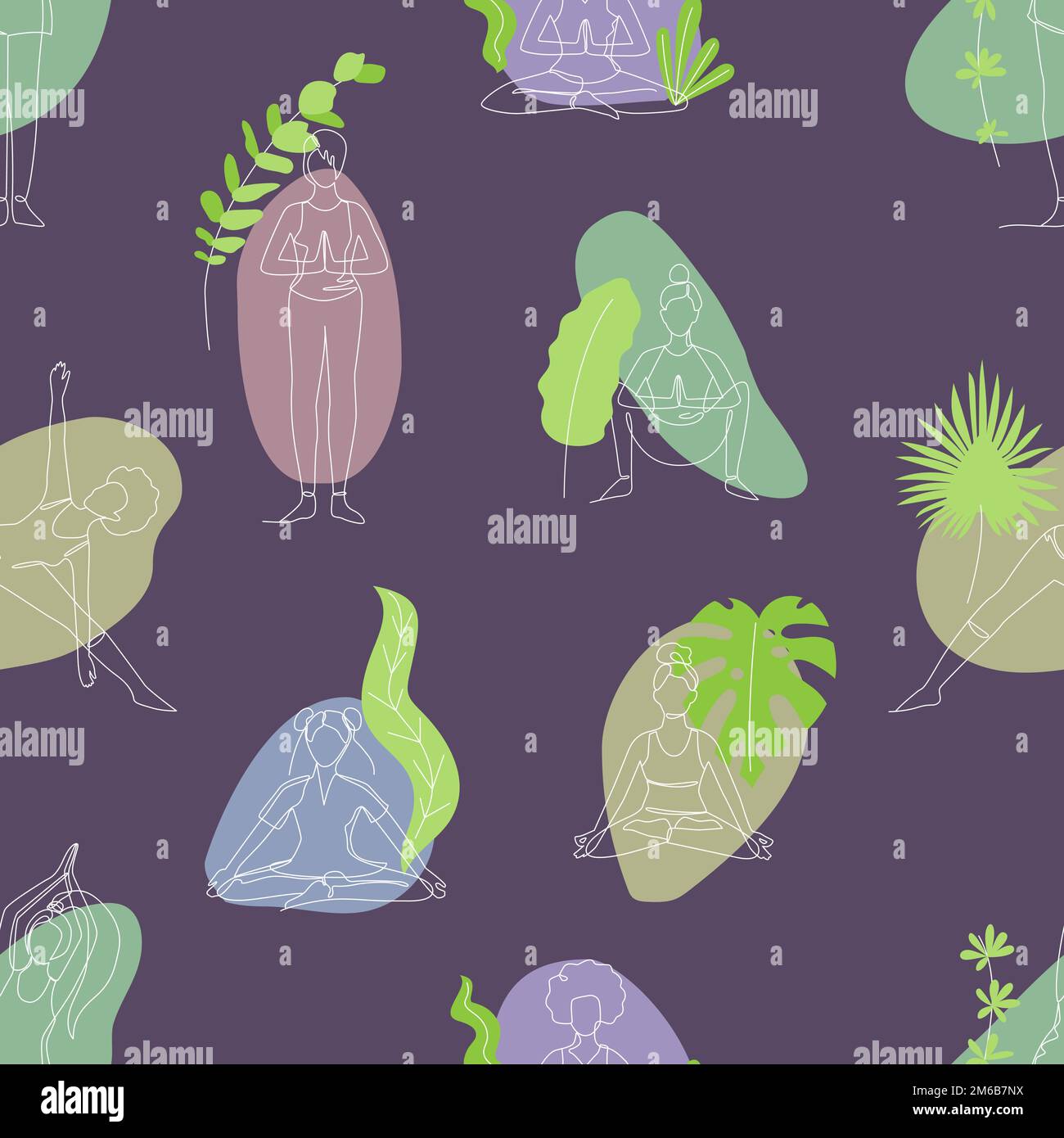 Seamless pattern with single line drawings of a girl sitting and ...