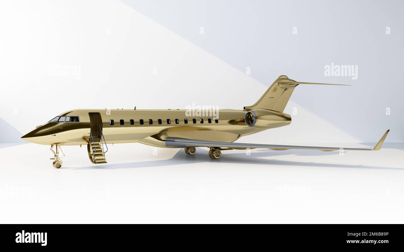 private jet with open airstairs in gold color. 3d rendering Stock Photo