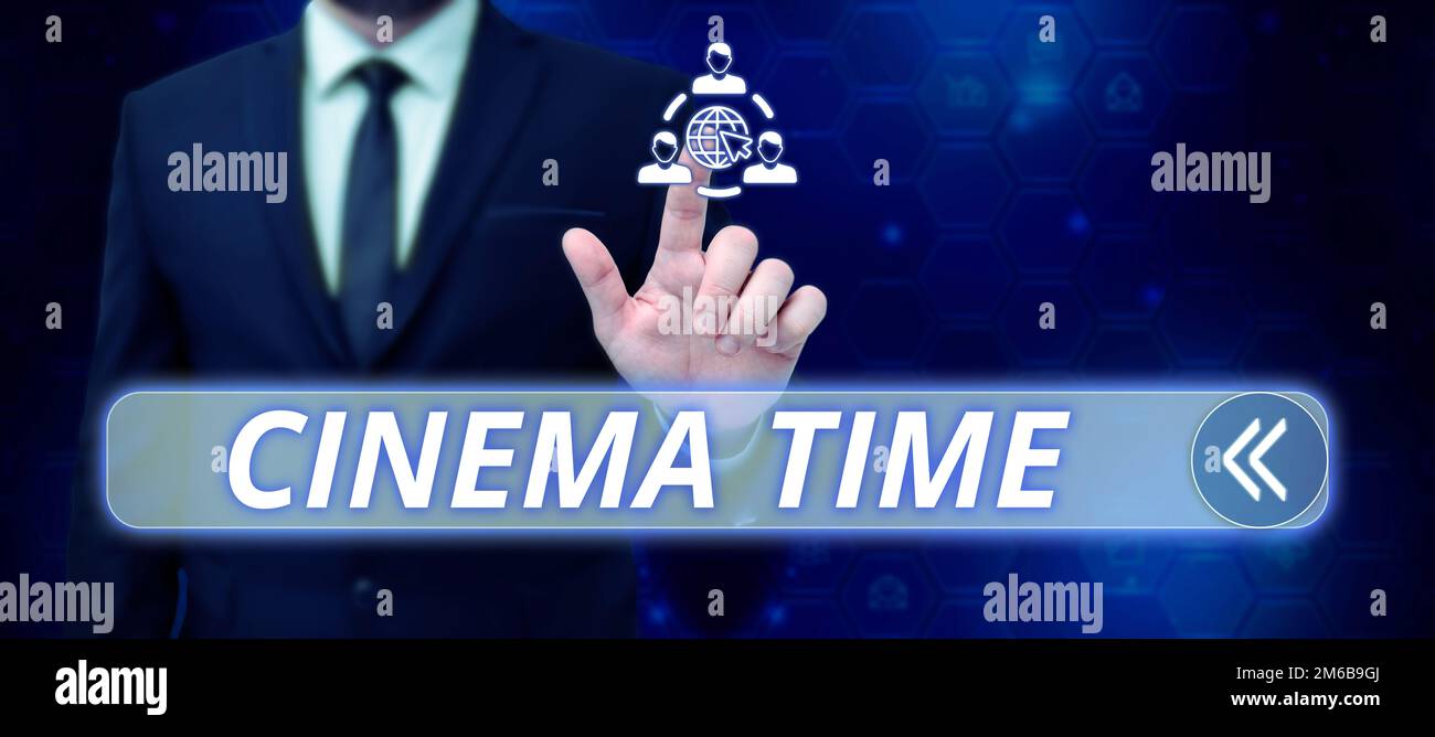 Hand writing sign Cinema Time. Word Written on which entertainment such ...