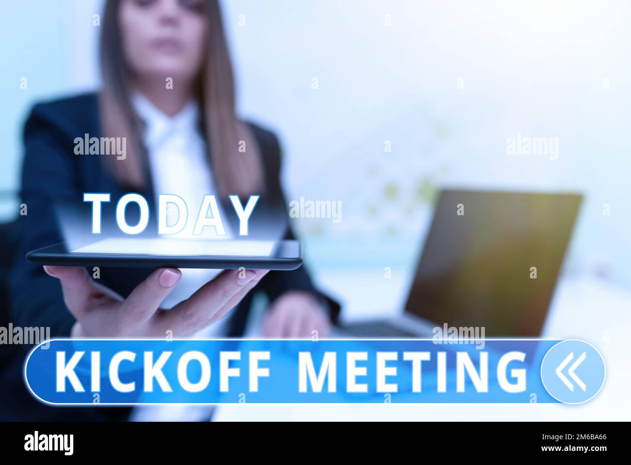 Conceptual hand writing showing Kickoff Meeting. Business photo text  Special discussion on the legalities involved in the project Young long  hair woman holding blank square announcement design. Stock Illustration by  ©artursz #277037702