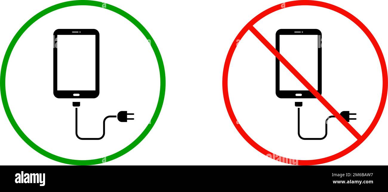 Charging permitted and charging prohibited icon set. Charging restrictions. Editable vector. Stock Vector