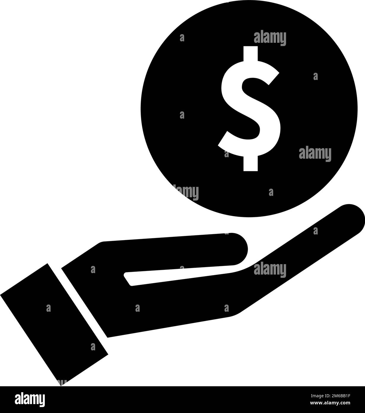 Save money silhouette icon. Dollar coin and hand. Editable vector. Stock Vector