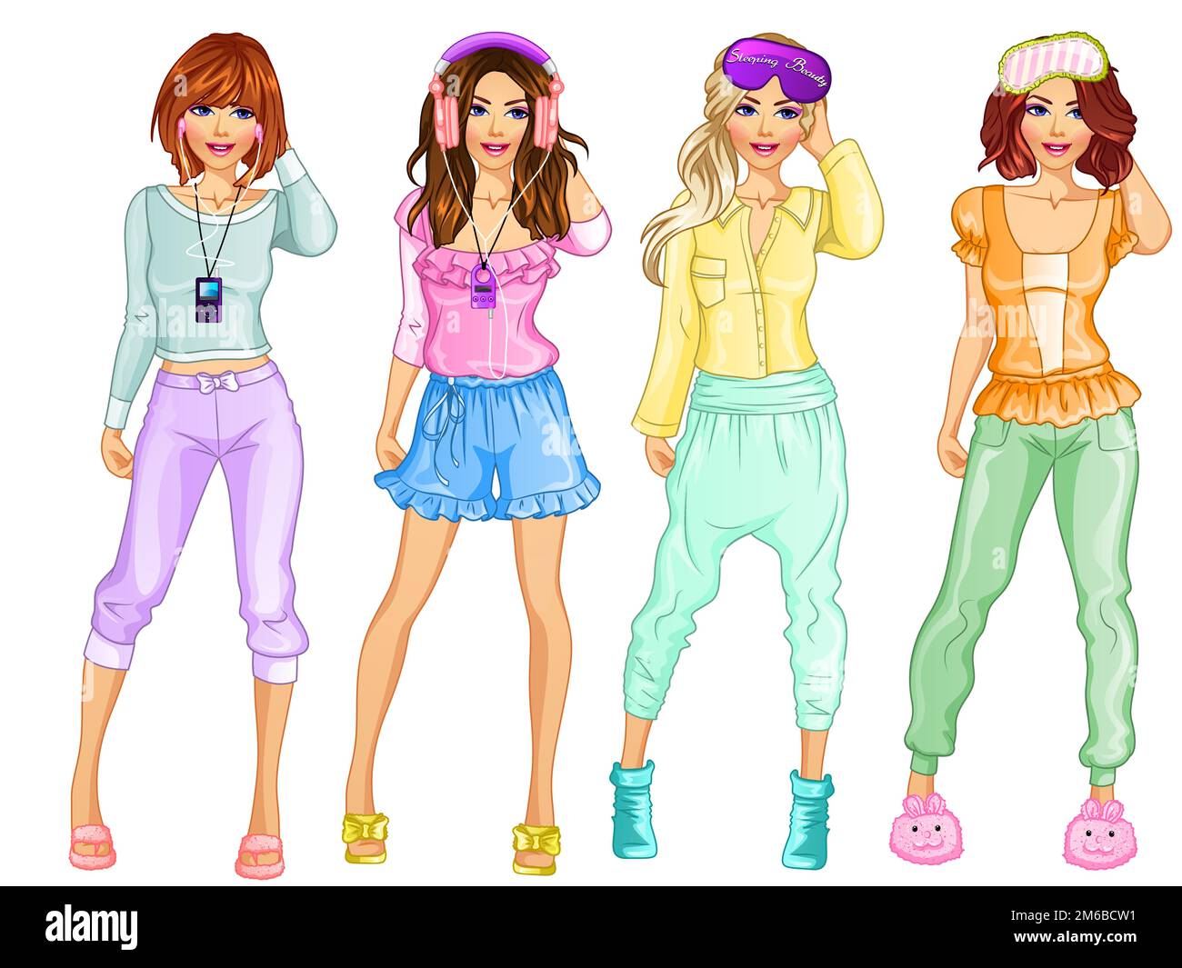 Pyjama Party Theme Set of Cute Girly Cartoon Characters. Vector Illustration Stock Vector