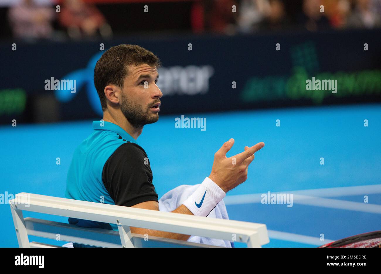 Grigor Dimitrov defeated Monfils in a demonstrative match in Arena Armeec hall, Sofia Stock Photo