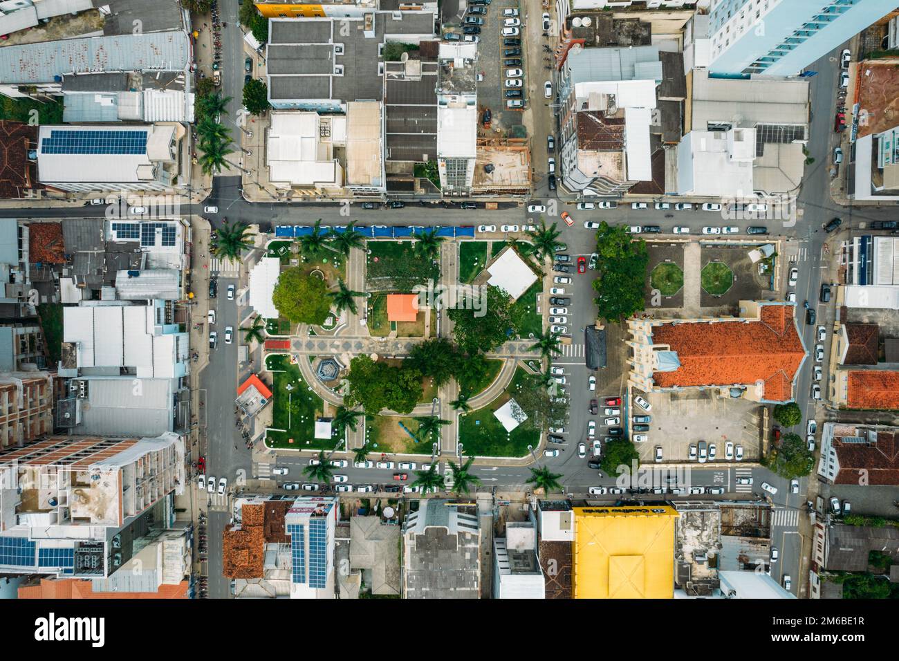 Top down view of main square with St. Lawrence Church in Manhuacu, Minas Gerais, Brazil Stock Photo