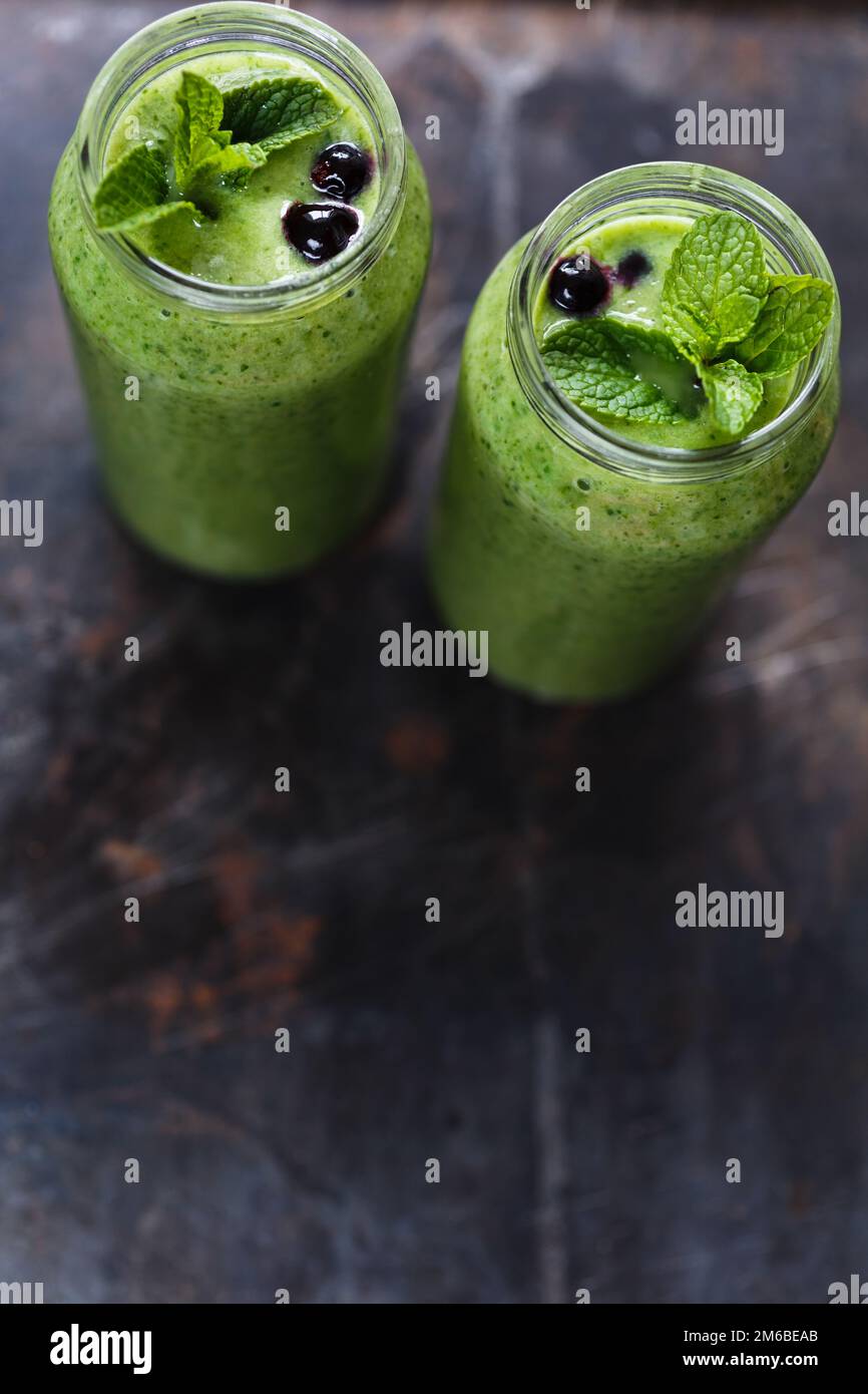 Two green smoothie in the jar Stock Photo