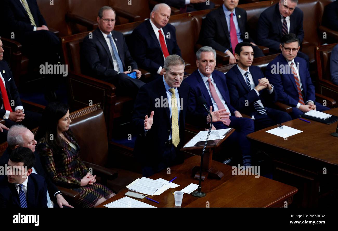U.S. Rep. Jim Jordan (R-OH) stands beside House Republican leader Kevin McCarthy (R-CA) as he nominates McCarthy as a candidate for a second round of voting in the race to be the next Speaker of the House during a vote in the House Chamber on the first day of the 118th Congress at the U.S. Capitol in Washington, U.S., January 3, 2023. REUTERS/Evelyn Hockstein Stock Photo