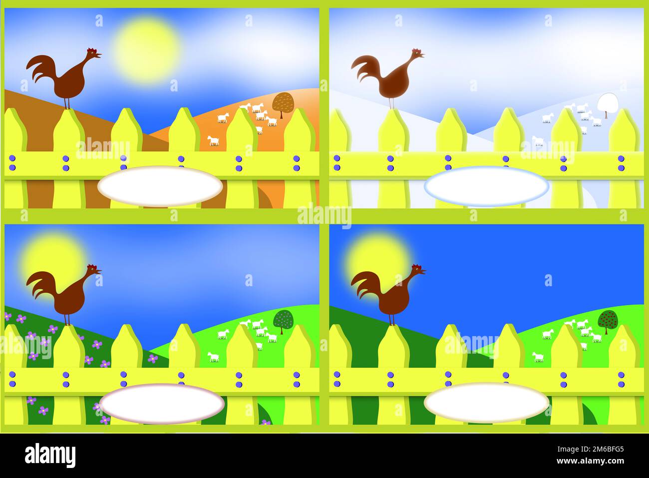 Four seasons rural landscape (winter, spring, summer, autumn) fields ...