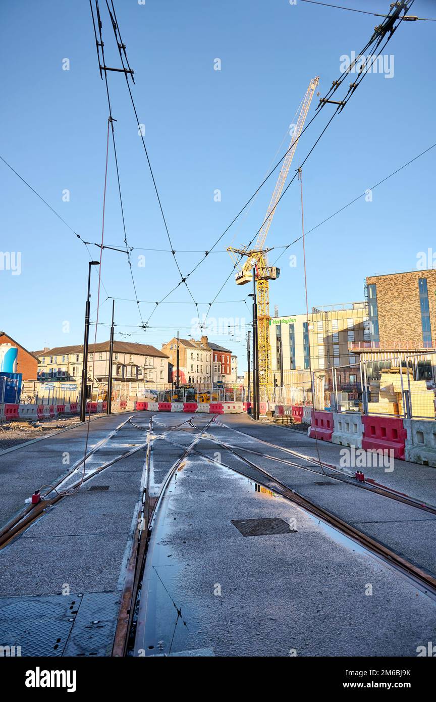 New tram terminus and Holiday Inn under construction in central Blackpool Stock Photo