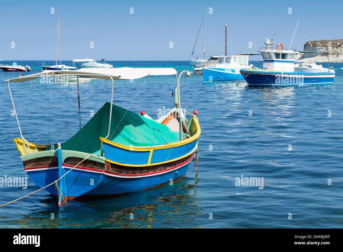 Traditional Maltese fishing boat, St Thomas Bay, Marsascala, Malta