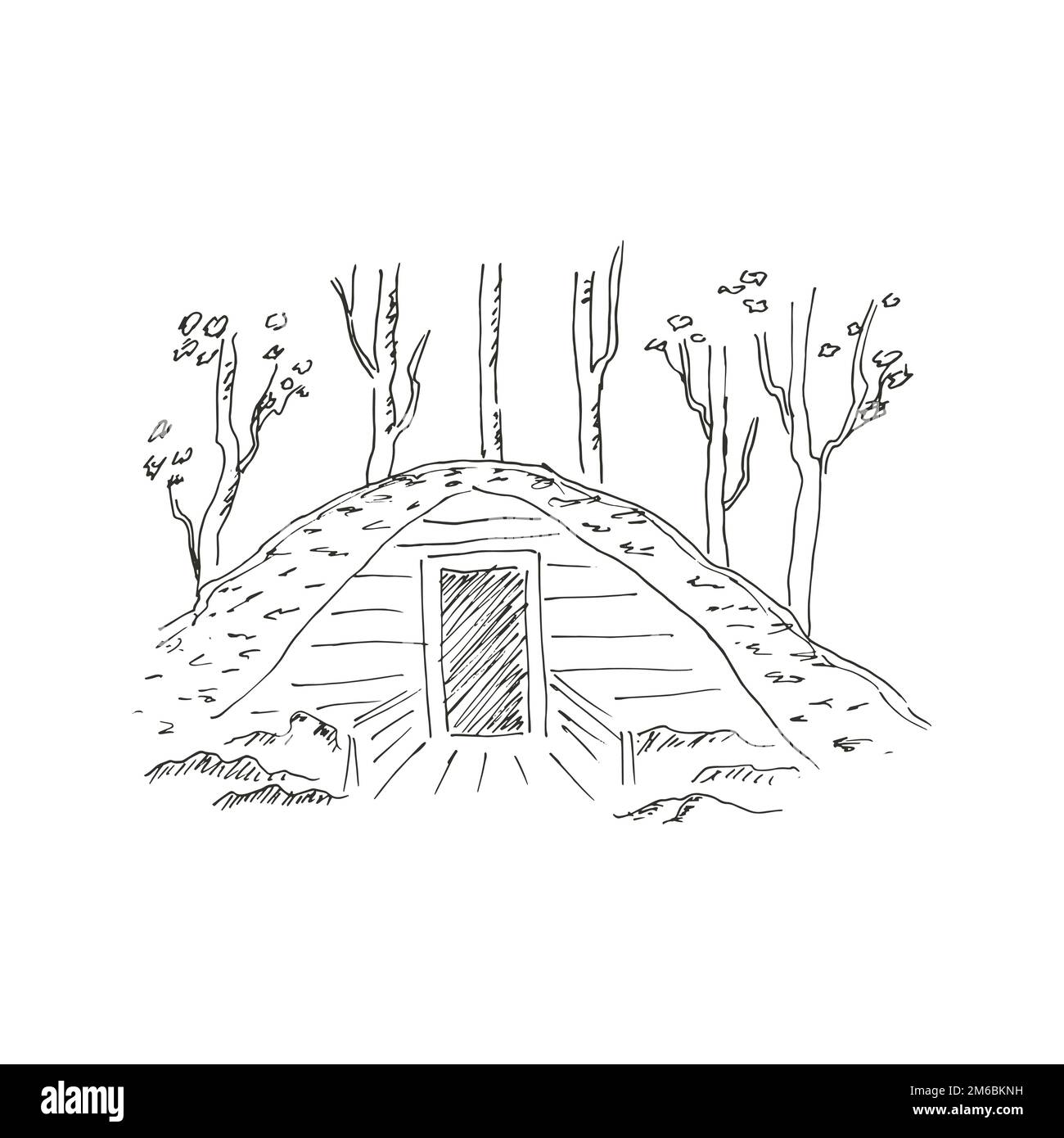 Dugout, a dwelling sunk into the ground. House in the forest WWII Stock