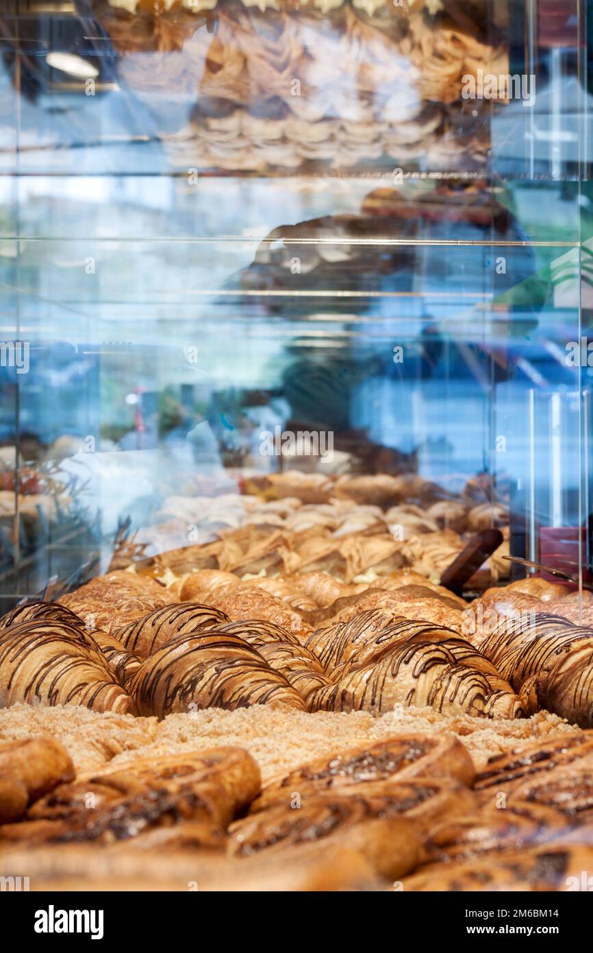 Pastries on glass window Stock Photo