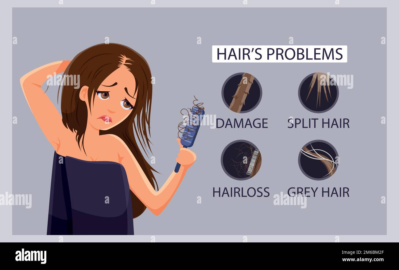 types-of-hair-problem-fall-alopecia-damage-gray-hair-stock-vector