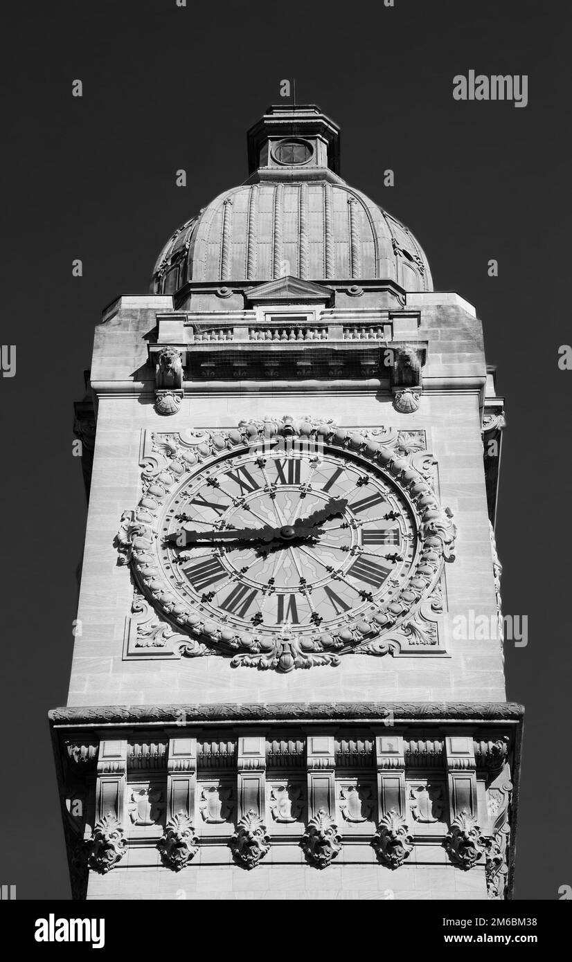 Clocktower of Gare de Lyon railway station in Paris in sunny day. Paris