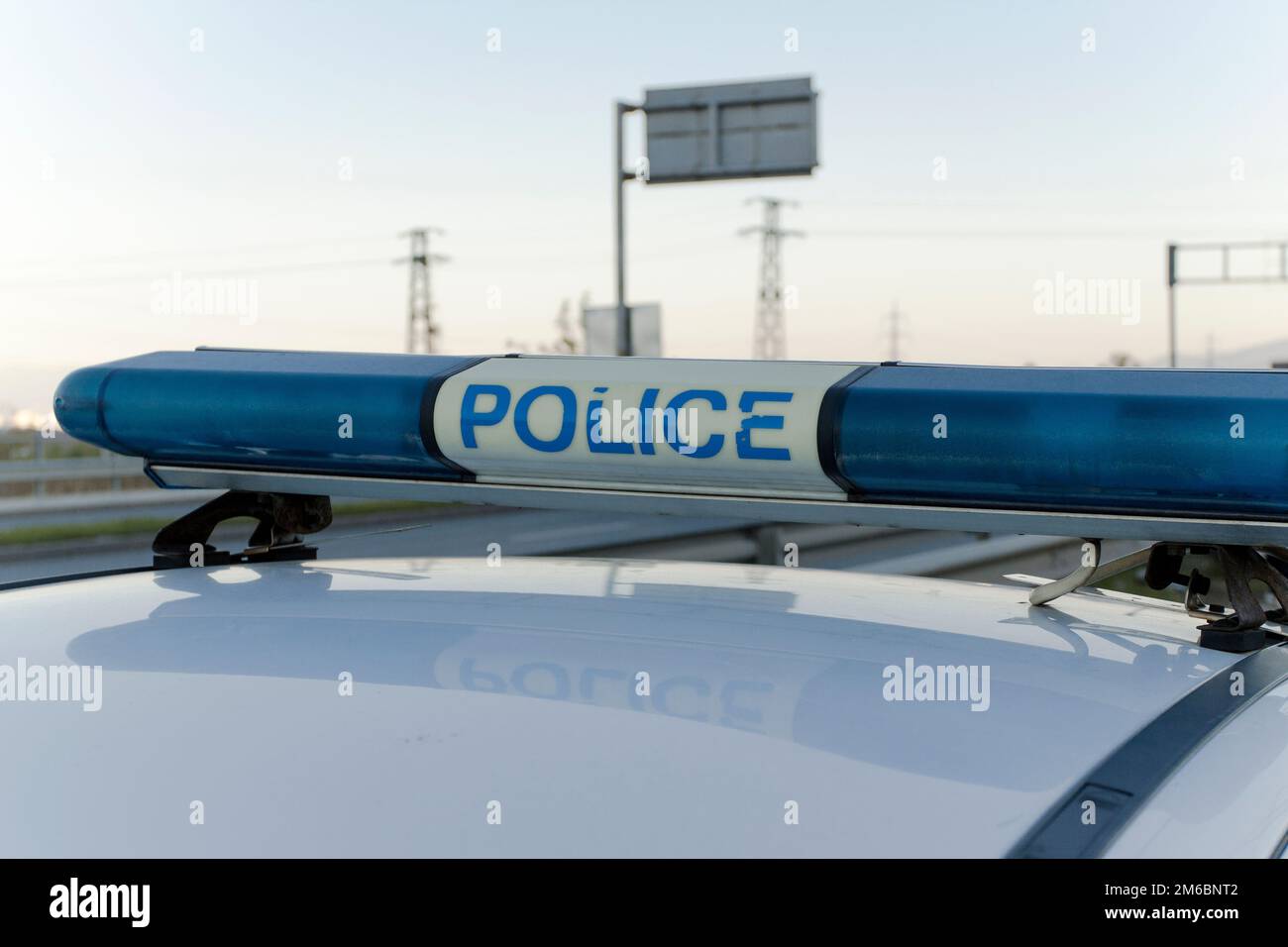Blue flashing lights of the police car Stock Photo Alamy