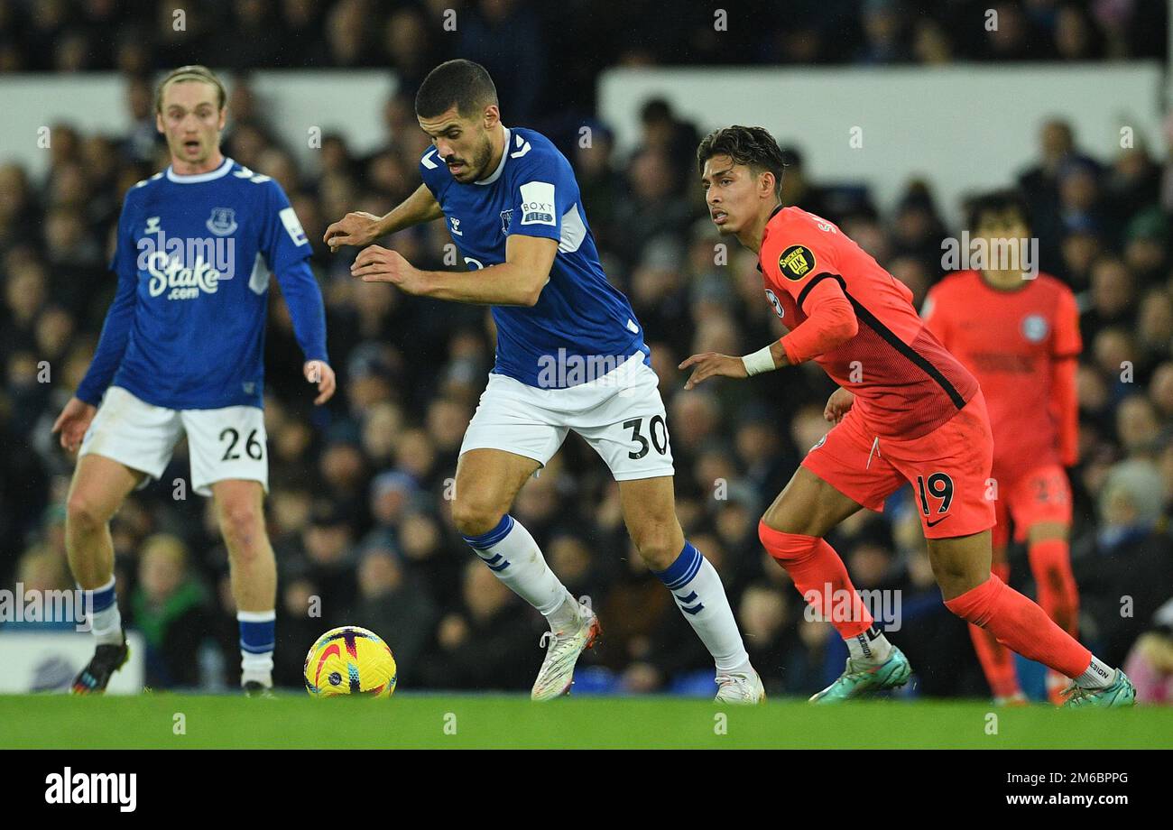 Liverpool, England, 3rd January 2023.  Conor Coady of Everton moves away from Jeremy Sarmiento of Brighton during the Premier League match at Goodison Park, Liverpool. Picture credit should read: Gary Oakley / Sportimage Stock Photo