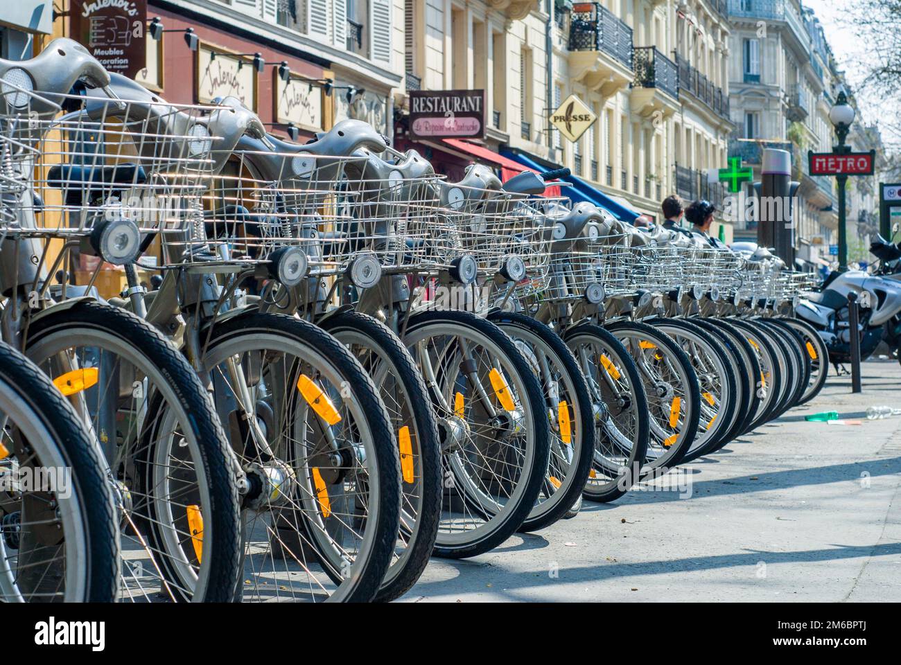 Paris, France April 02, 2009 Velib station public bicycle rental in Paris. Velib has the