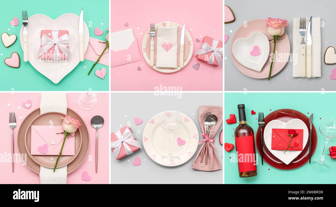 Colorful Collage Table Collage of beautiful table settings for Valentine's Day dinner on color ...