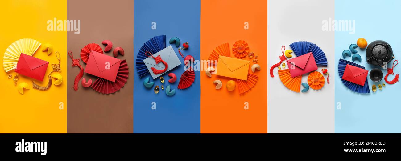 Set of traditional fortune cookies, envelopes and Chinese New Year
