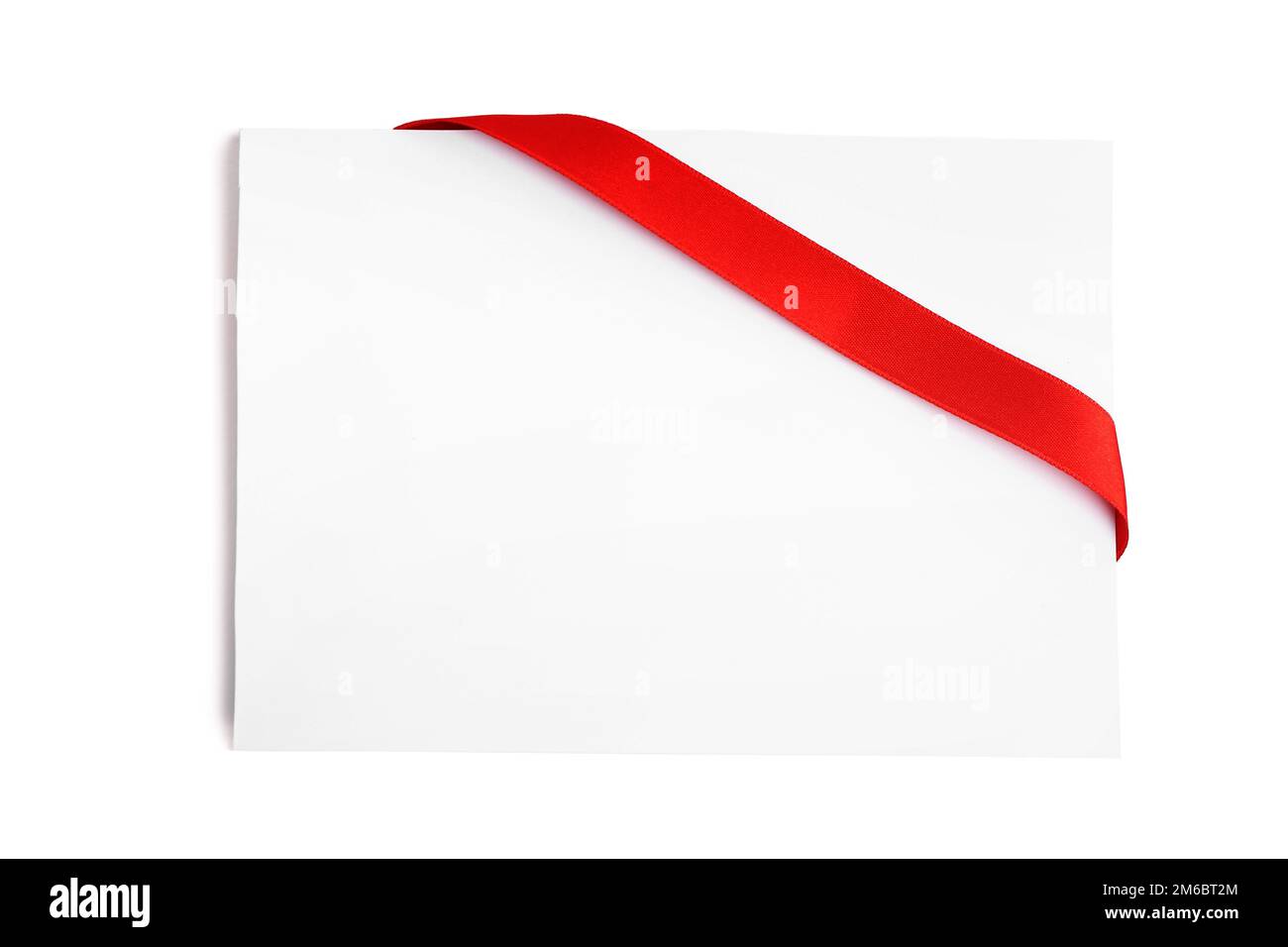 Blank card with red satin ribbon isolated on white background Stock ...