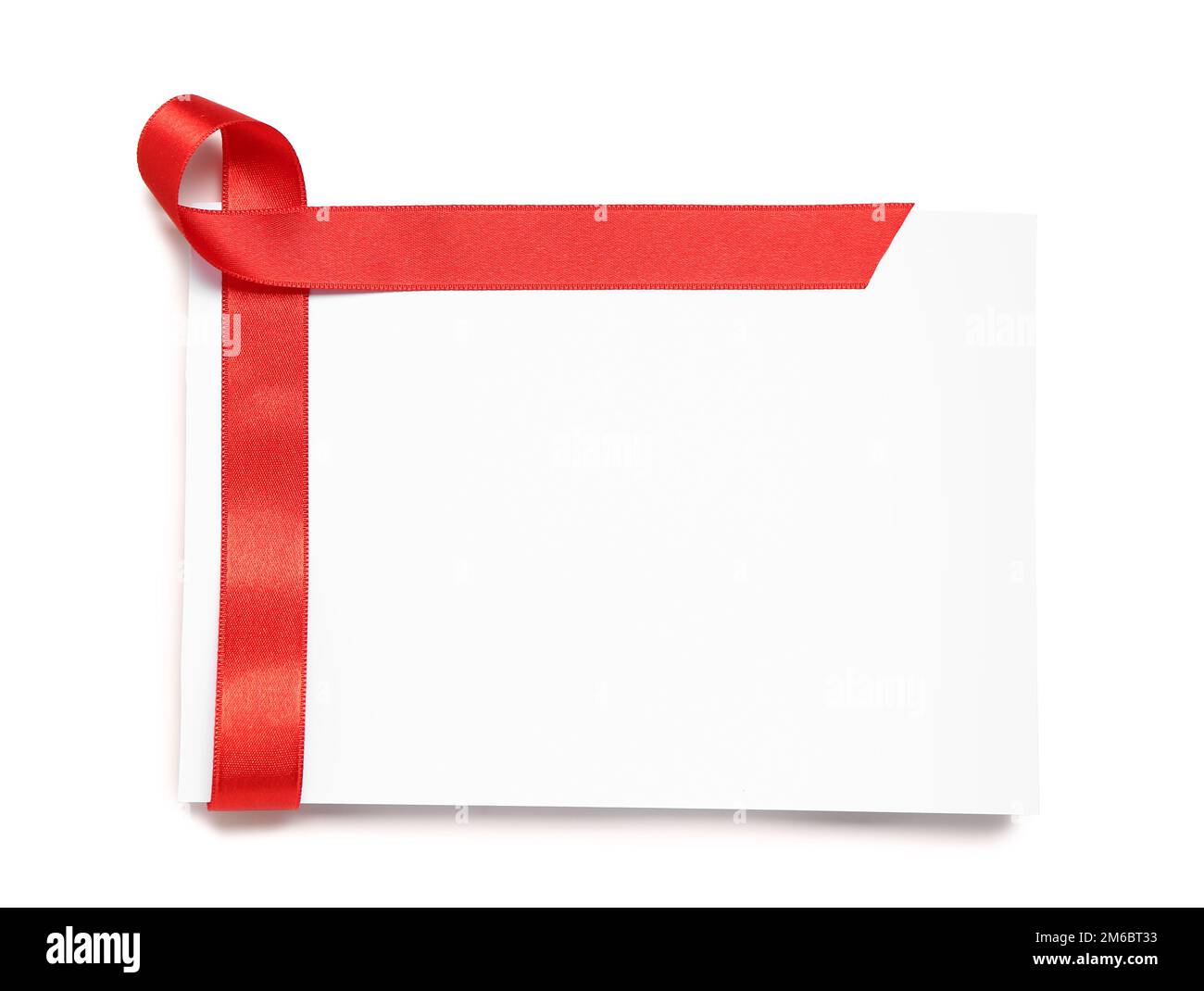 Blank card with red satin ribbon isolated on white background Stock ...