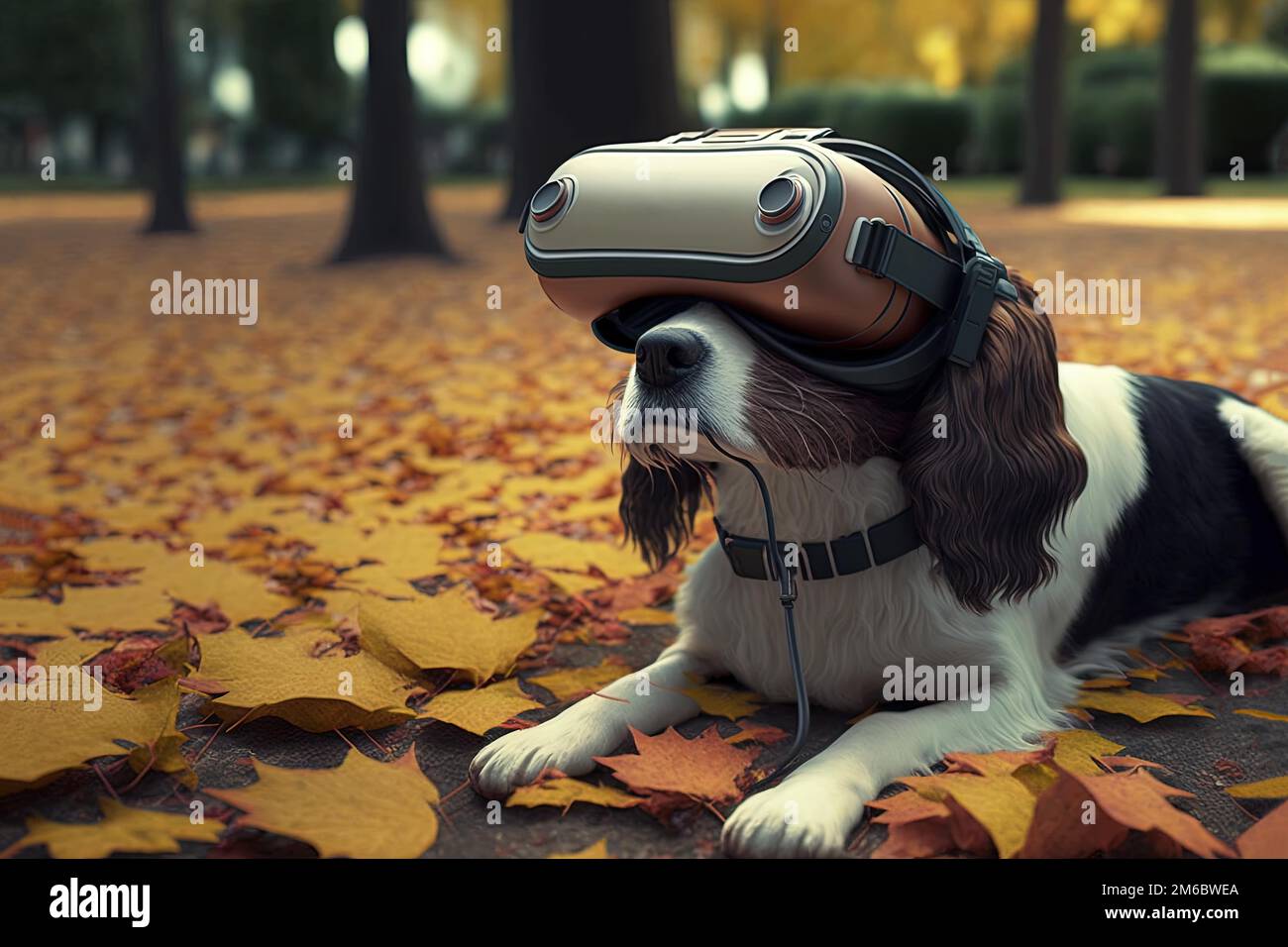 Dog wearing a VR Virtual Reality headset Stock Photo Alamy