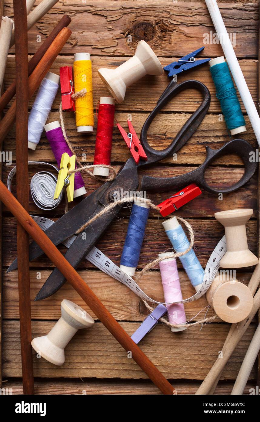 Vintage Background with sewing tools Stock Photo - Alamy