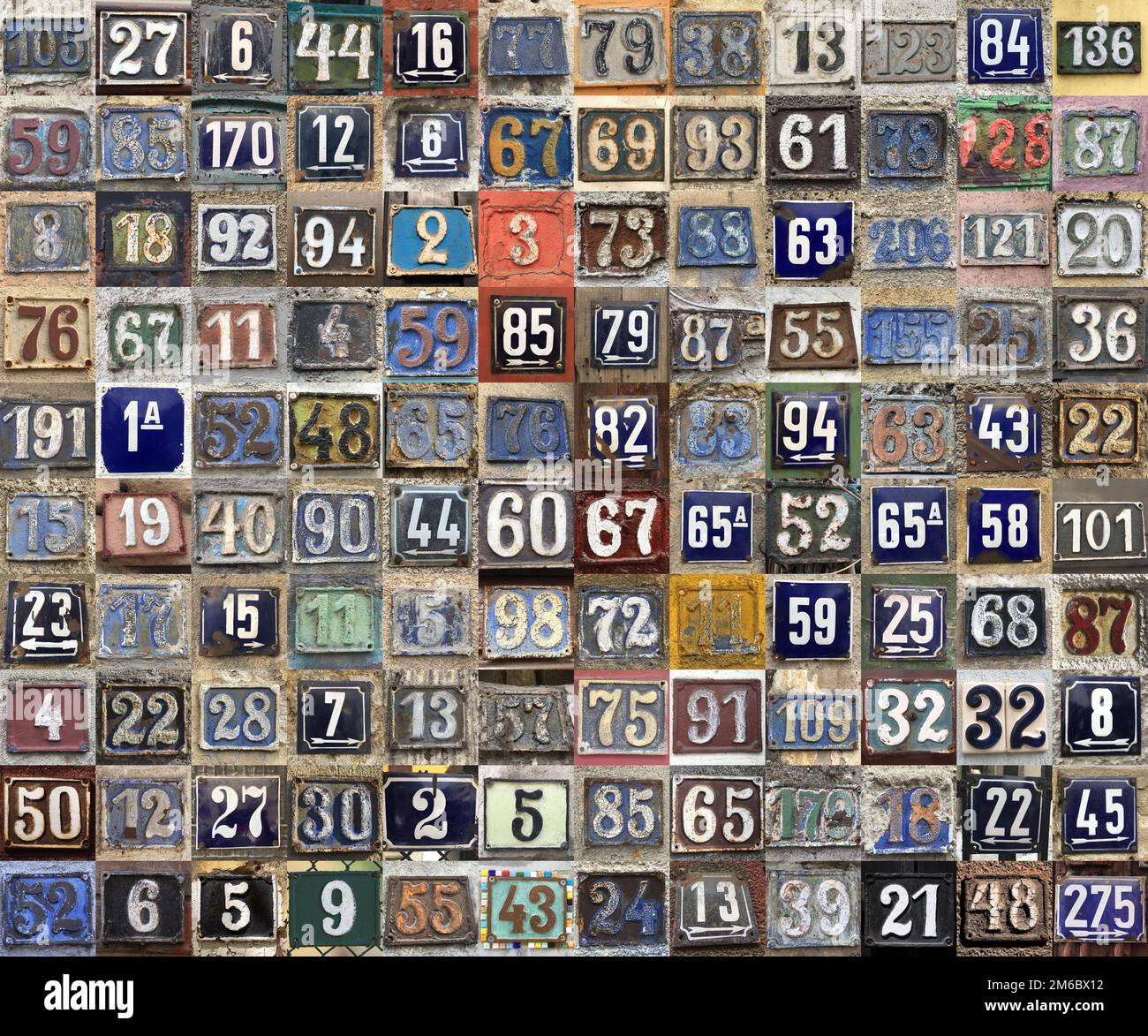 Vintage grunge square metal rusty plate of numbers of street address Stock Photo