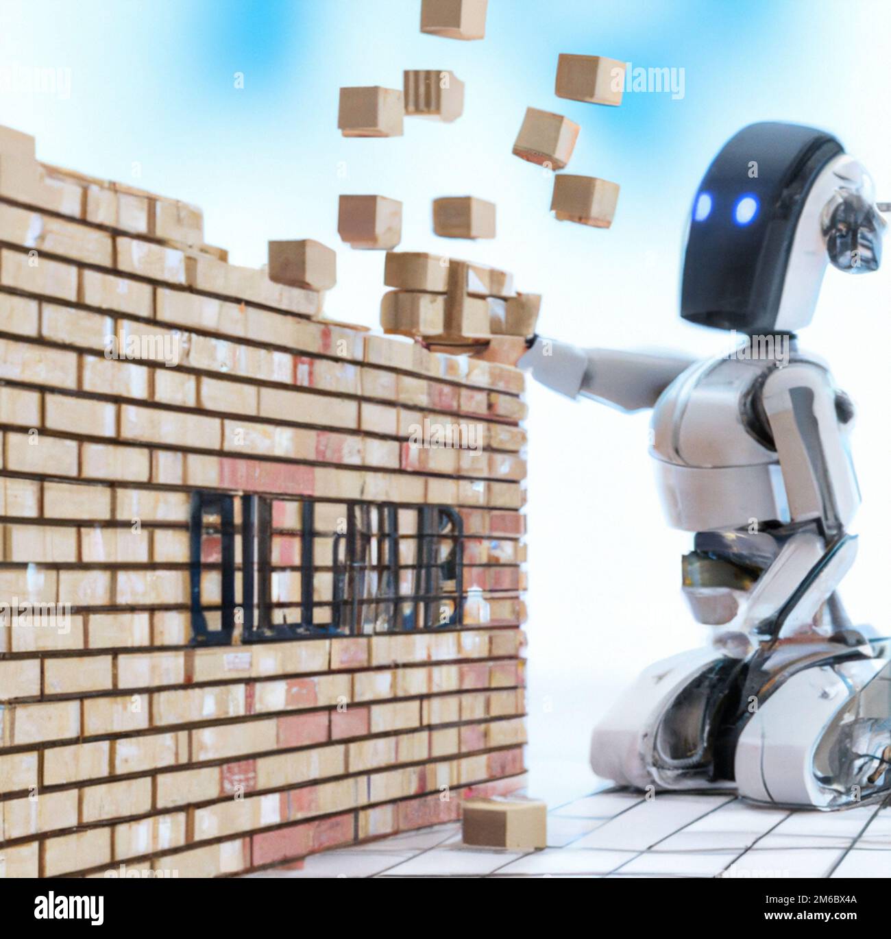 robot worker laying bricks Stock Photo