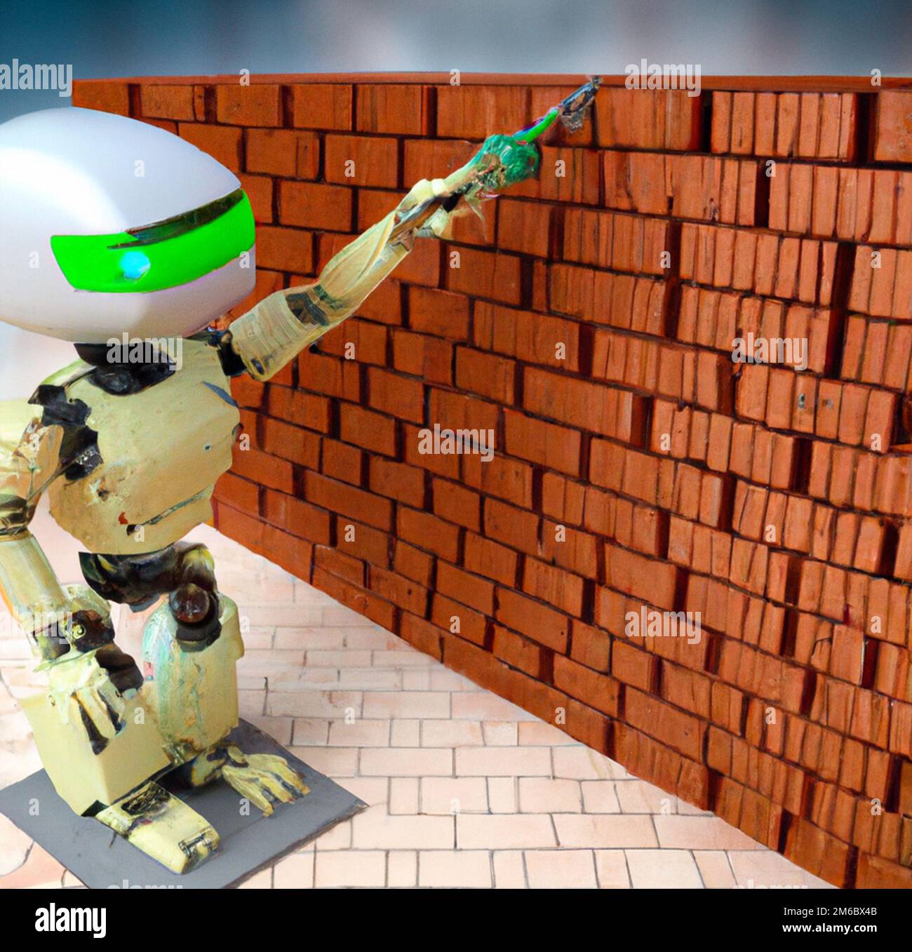 robot worker laying bricks Stock Photo