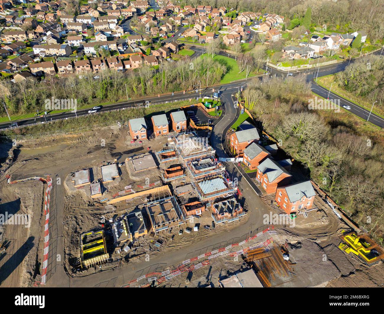 Pontypridd, Wales January 2023 Aerial view of a new housing development in the village of