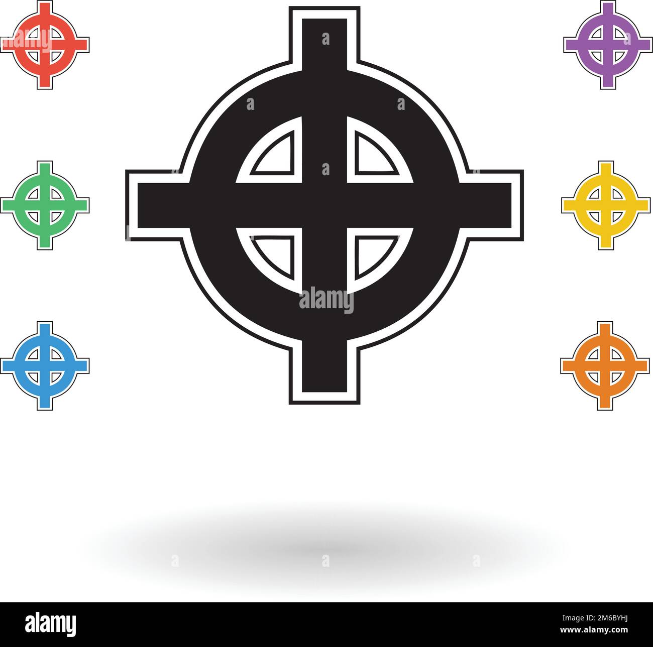 Celtic cross vector illustration, cross silhouette isolated over white background with small colored crosses Stock Vector