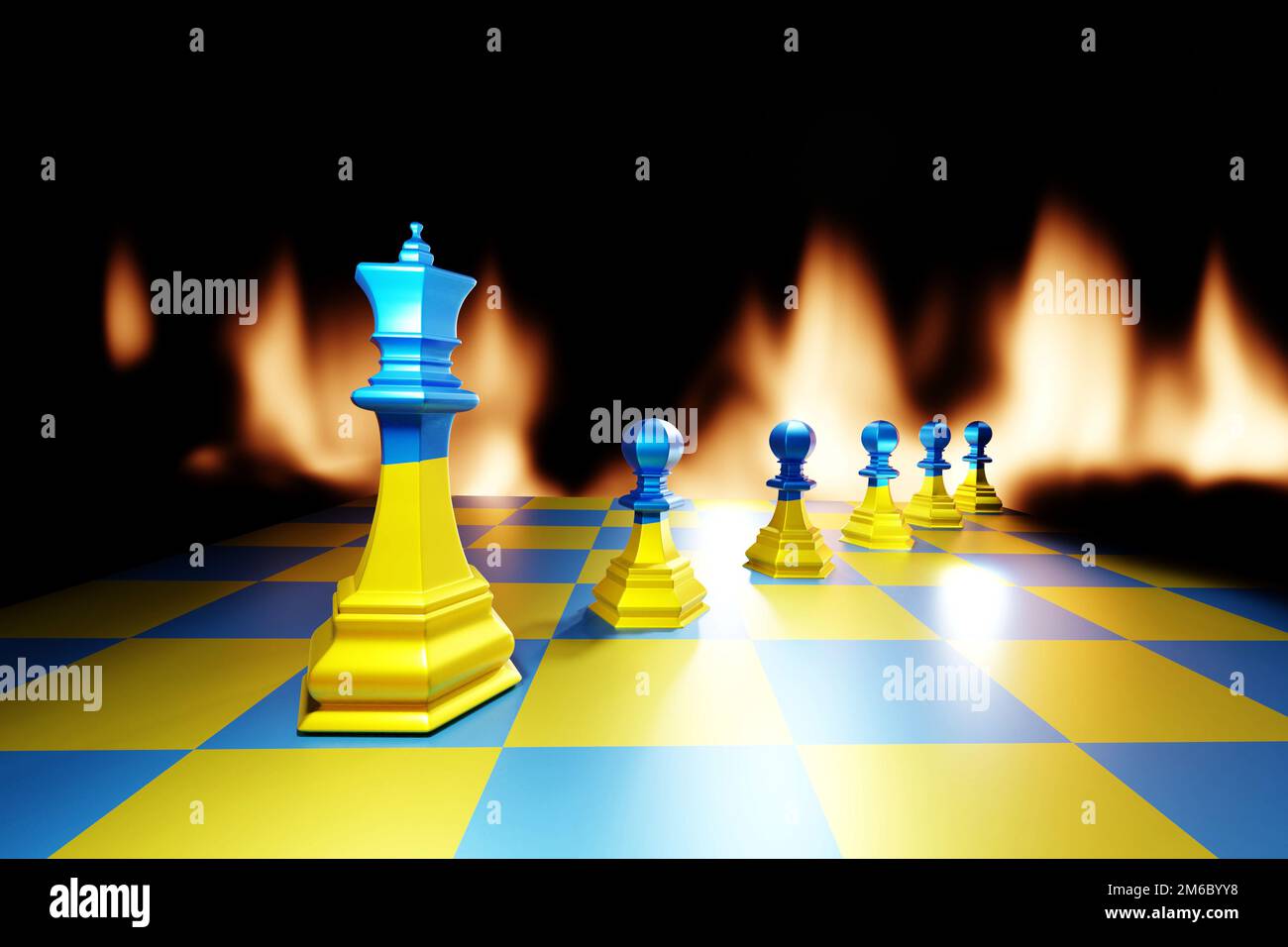 3D Rendering : Illustration Of King Chess Pieces. THE King Chess At The  Center With Overthrow Pawn Chess In The Back. Chess Board With Light Drop  Background. Leader Success Business Concept. Stock