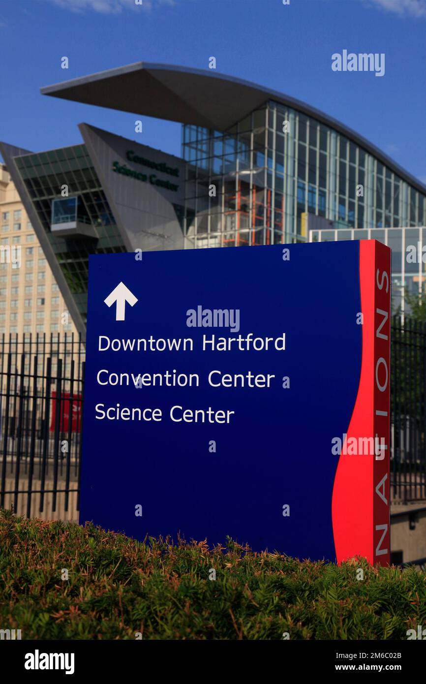Convention center downtown Hartford science center sign in Hartford CT Stock Photo