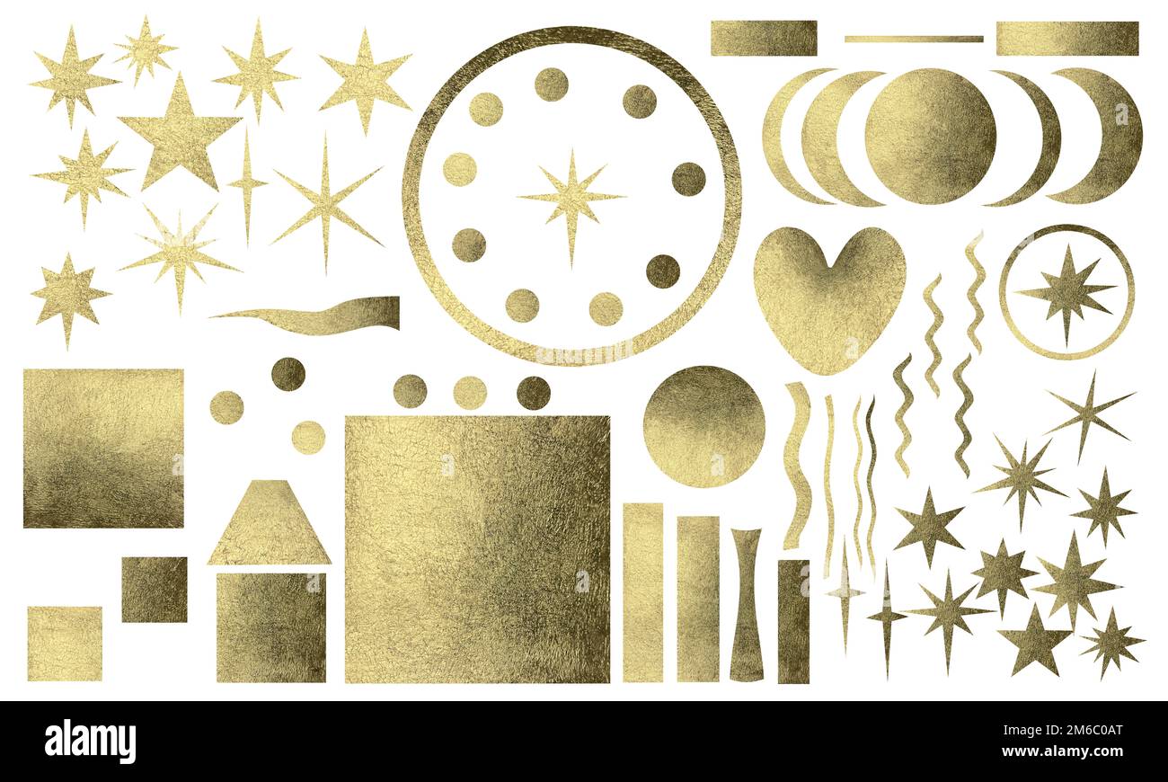 Set of golden moon, stars, squares, rectangles and circles for design ...