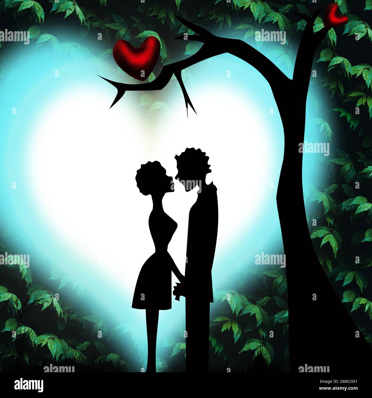 Illustration of Valentine's Day celebration greeting card with young loving couple silhouettes Stock Photo
