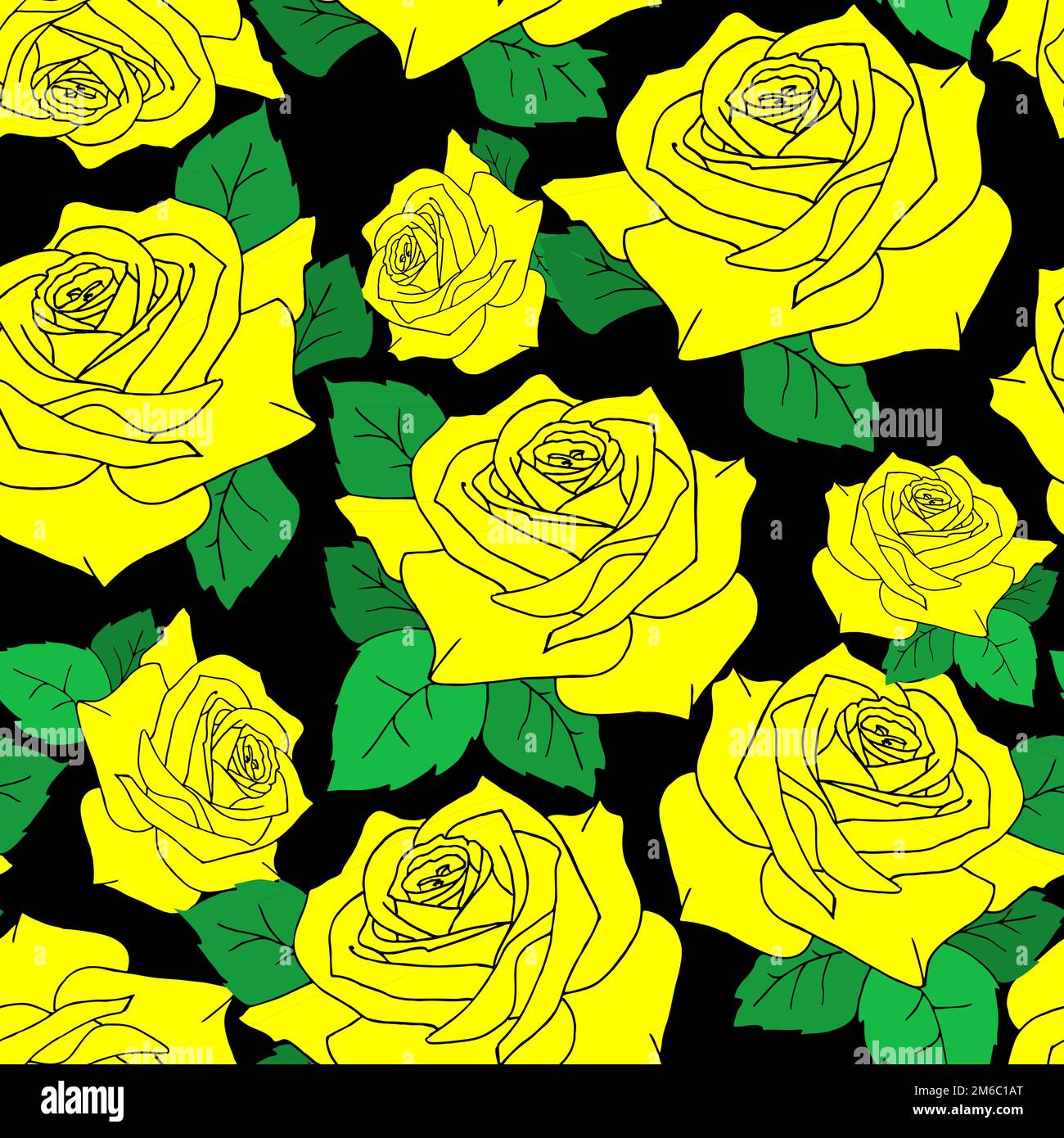 seamless pattern of large yellow rose flowers with leaves on a black ...