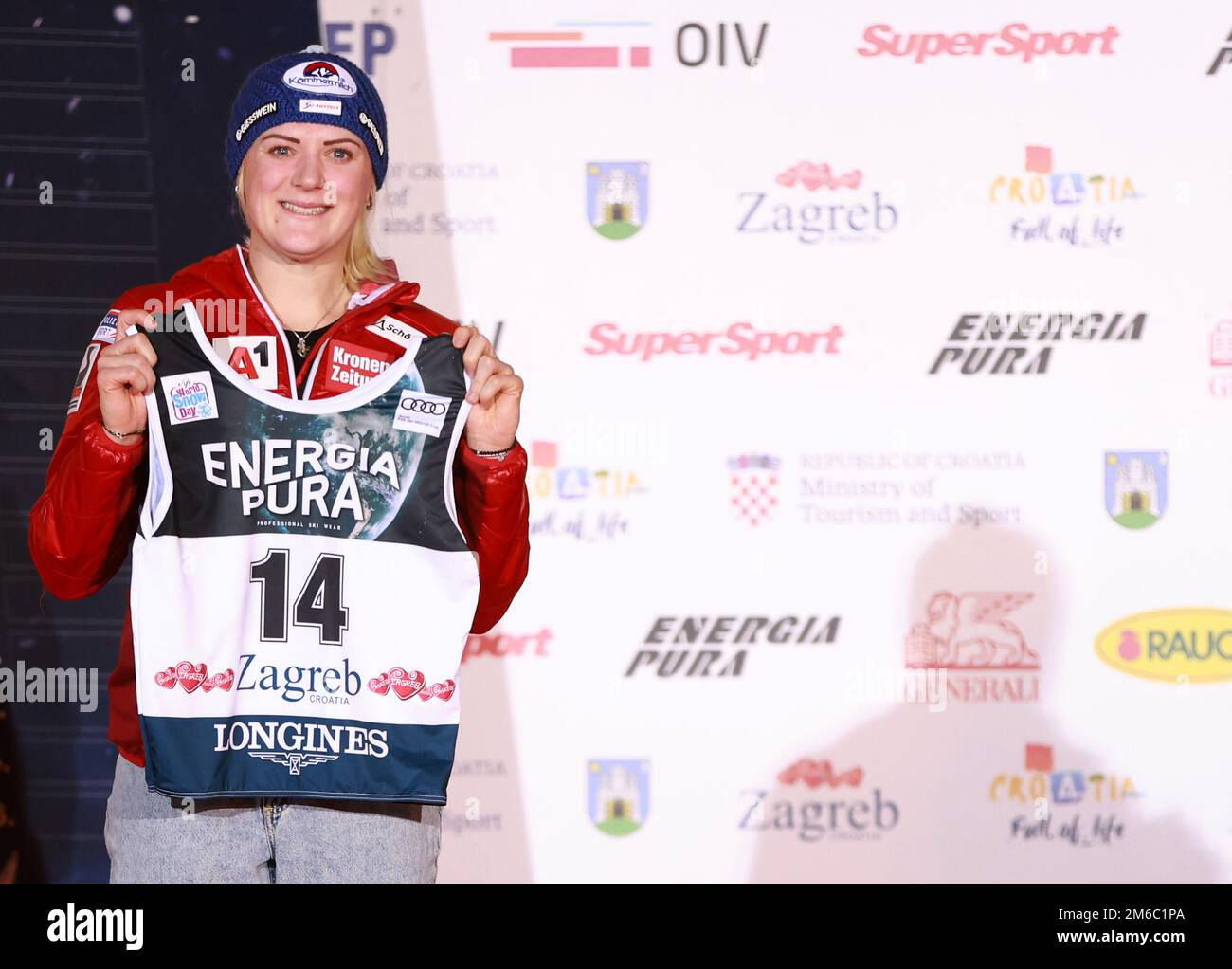 ZAGREB, CROATIA - JANUARY 03: Truppe Katharina of Austria during  public Bib draw in front off the Croatian National Theatre for Snow Queen Trophy race   on January 3, 2023 in Zagreb, Croatia. Photo: Sanjin Strukic/PIXSELL Stock Photo