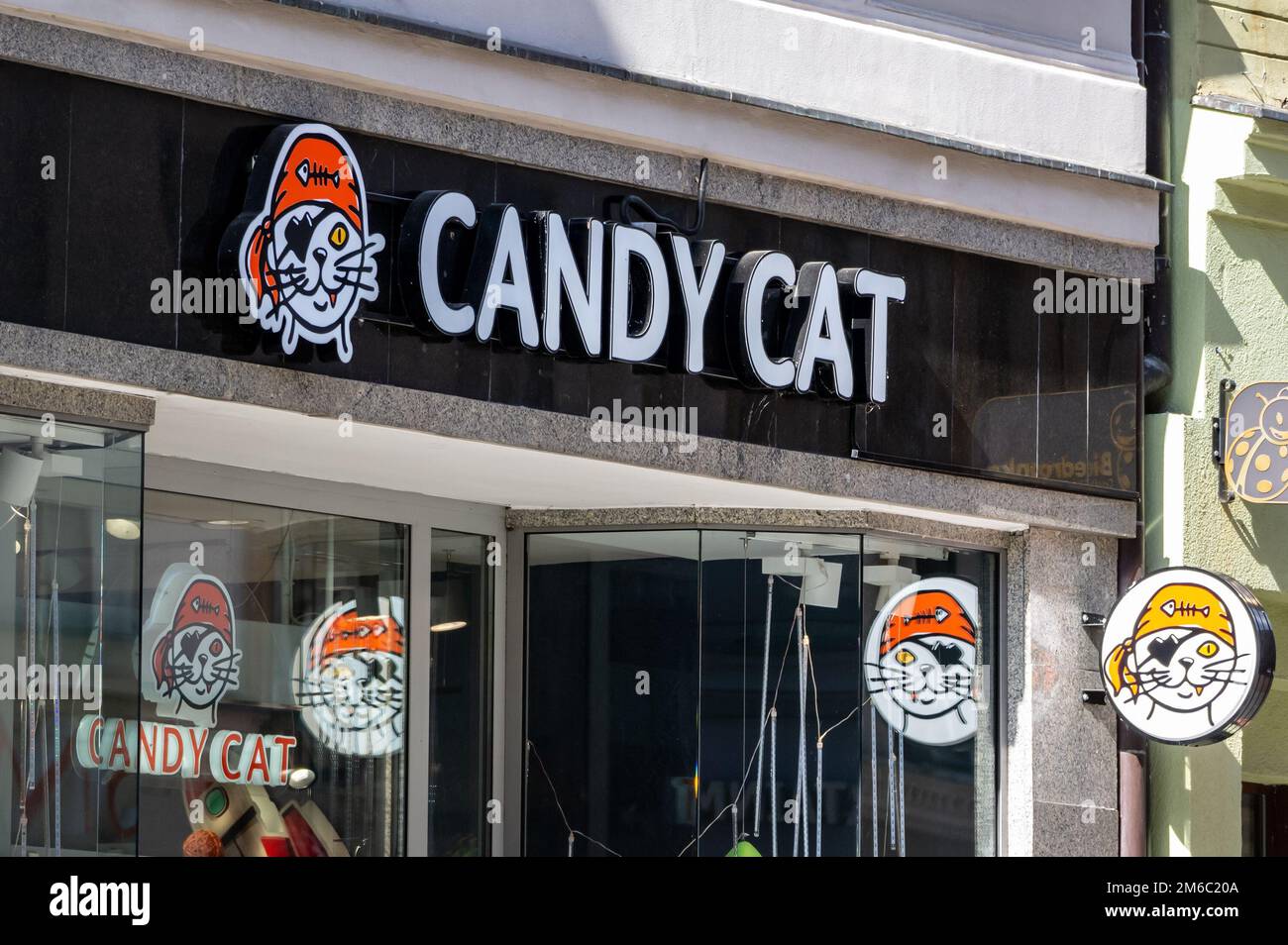 TORUN, POLAND - AUGUST 11, 2022: Candy Cat shop which sells candies with different flavours Stock Photo