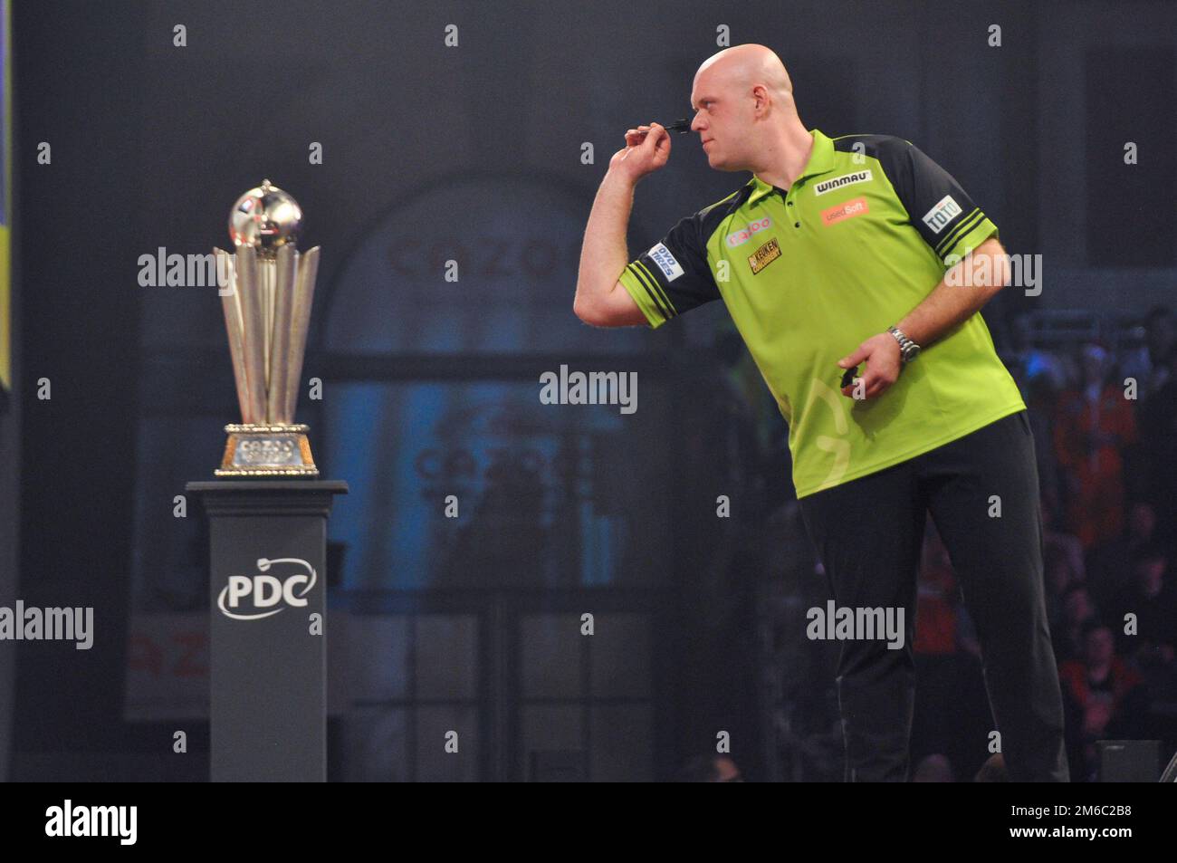 LONDON, UNITED KINGDOM - JANUARY 3: Michael van Gerwen of the Netherlands  in action during Day Seven of the Cazoo World Darts Championship at  Alexandra Palace on December 21, 2022 in London,