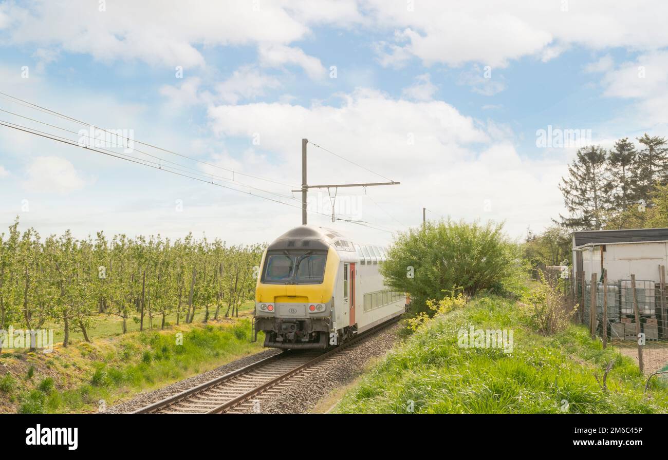 Train in the countryside. Walking towards. Back side. Train in Belgium Stock Photo