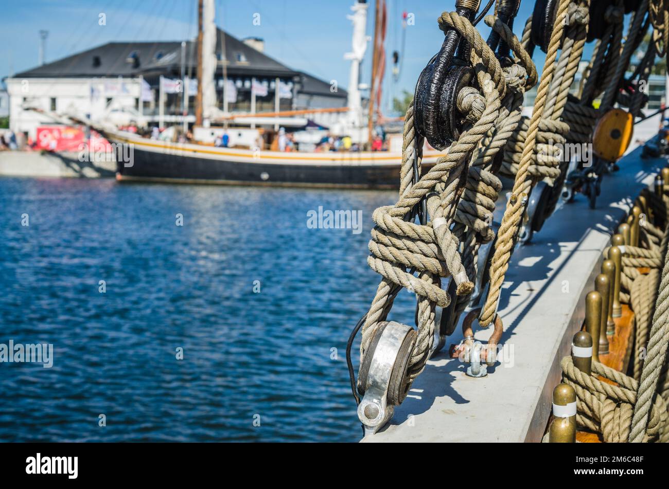 Sail Rigging Ropes Ropes and rigging on an old sailboat, shallow depth of field Stock ...