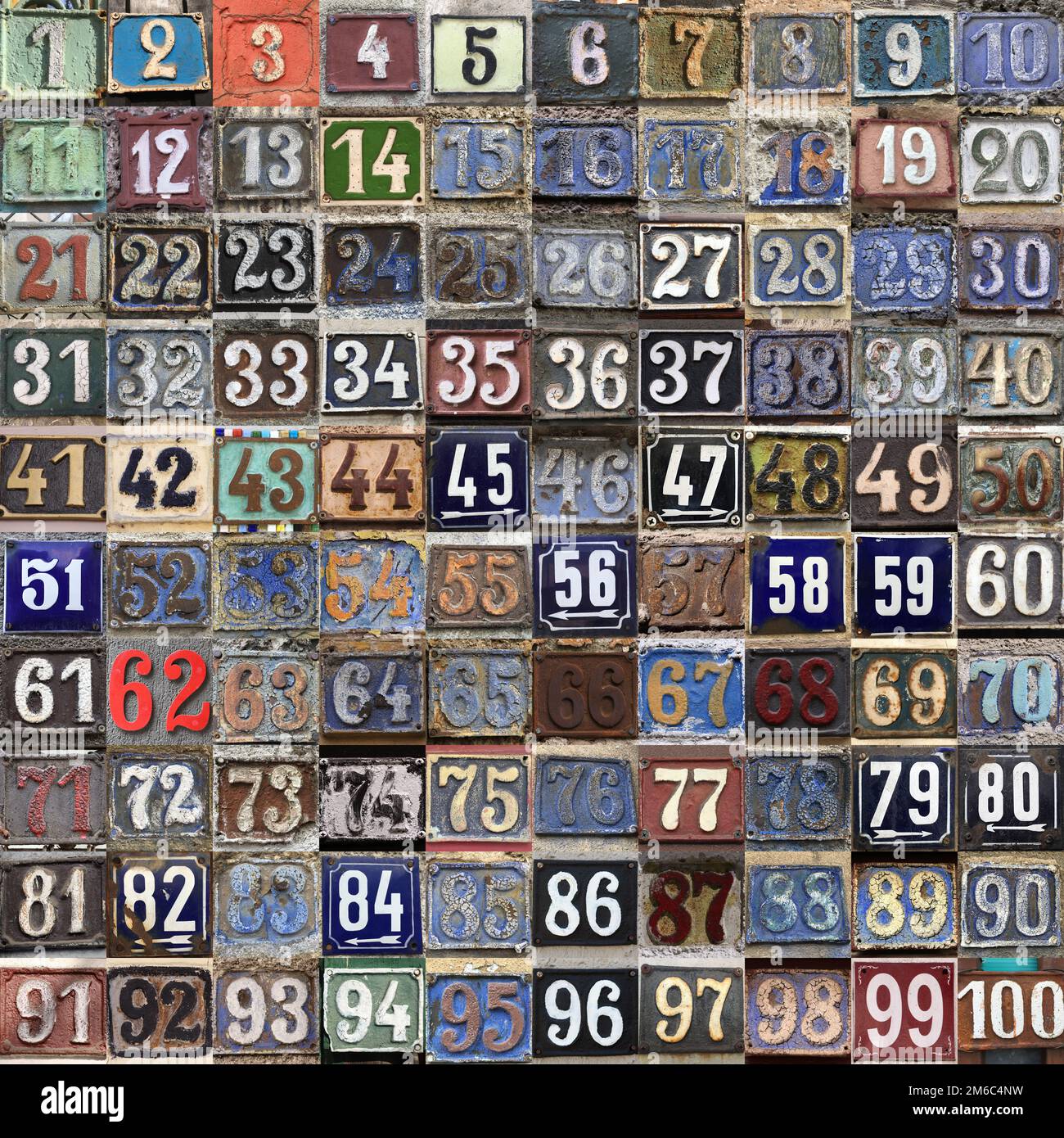 Vintage grunge square metal rusty plate of numbers, Consecutive street numbers from 1 to 100