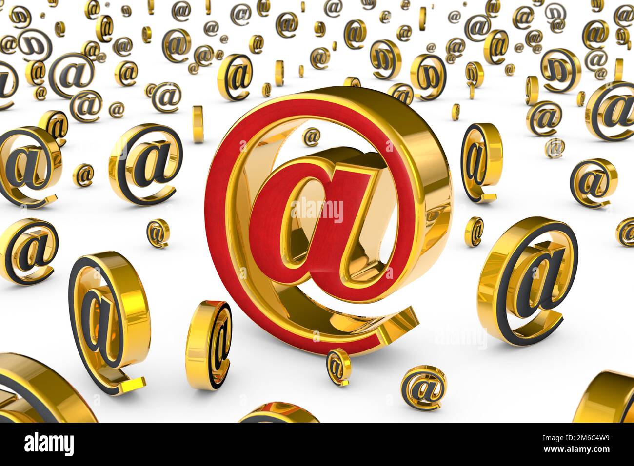 The main internet address (@). A single red  golden email symbol surrounded by many gray  gold e-mail symbols (3D illustration). Stock Photo