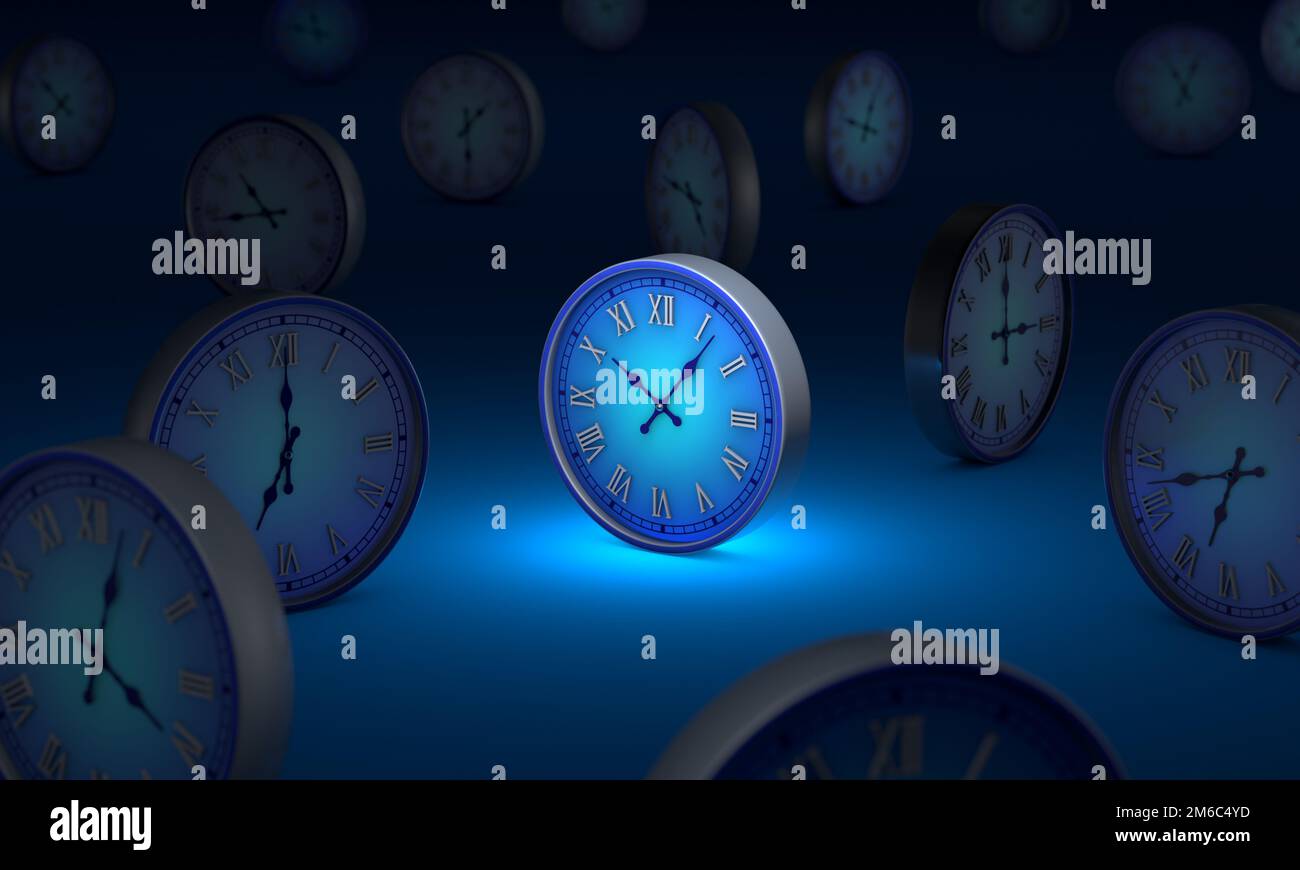 Lifetime. Infinity and time. Many blue circular clock. 3D illustration. Stock Photo
