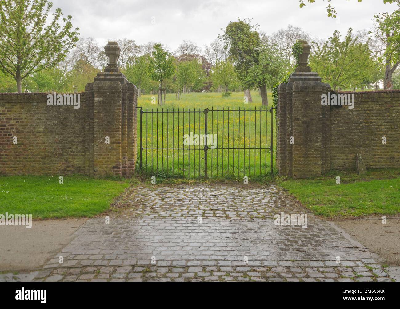 Old iron gate overlooking the orchard background Stock Photo Alamy