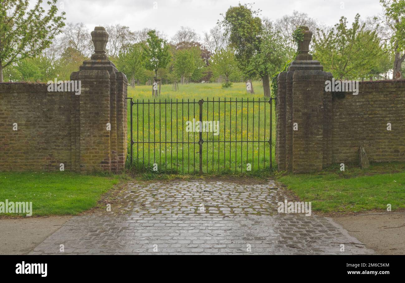 Old iron gate overlooking the orchard background Stock Photo Alamy